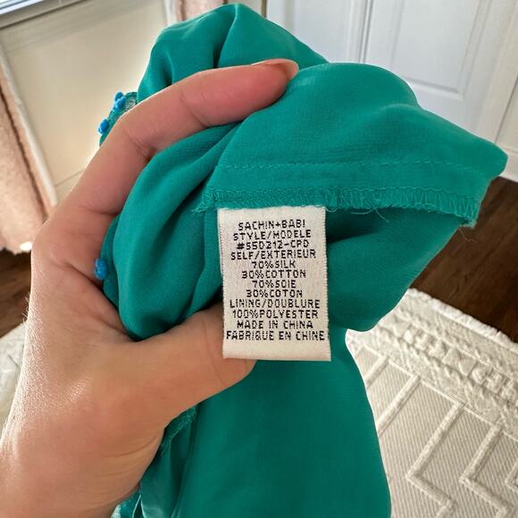 Anthropologie Sachin + Babi Flocked Speckle Silk Blend Mini Dress Teal - Picture 5 of 6